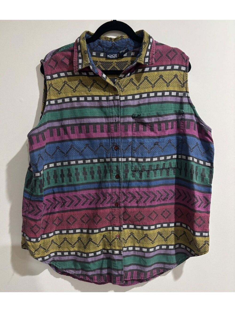 Honors Plus Size 22W Aztec Sleeveless Button Front Shirt 100% Cotton Vintage